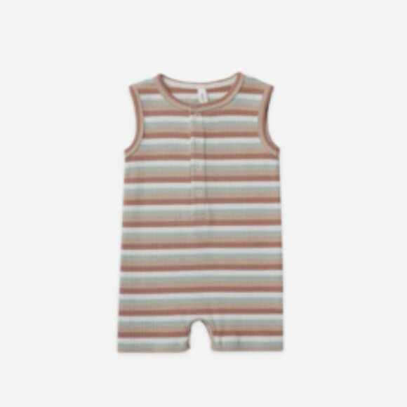 Quincy Mae Other - Quincy Mae Ribbed Henley romper -Summer stripe size 6-12M